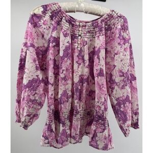 IZOD Floral Peasant Blouse Purple Pink Smocked Boho Top Womens XL